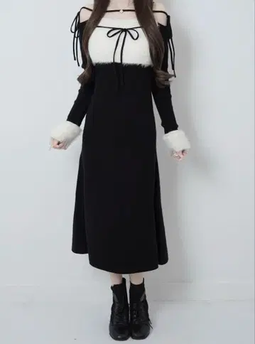 Ribbon bust fluffy long op 블랙