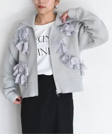 에이미 로우 랜덤 리본 더블 ZIP 니트 블루종 그레이