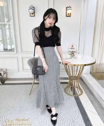 미셸 마카롱 깅엄 체크 머메이드 스커트