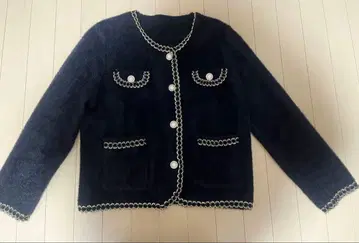 네이비 노카라 자켓 비즈 장식