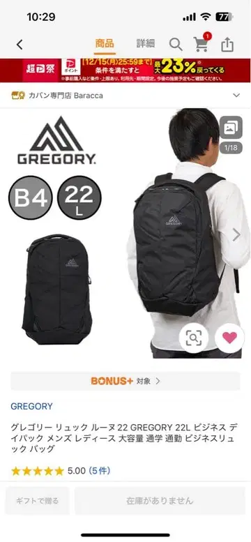 GREGORY 22L 블랙 백팩