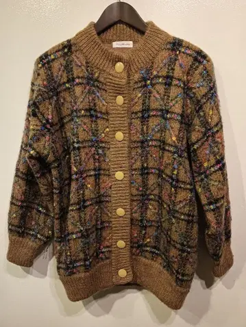 브라운 컬러풀 울 혼방 니트 스웨터 가디건 레트로 귀여운