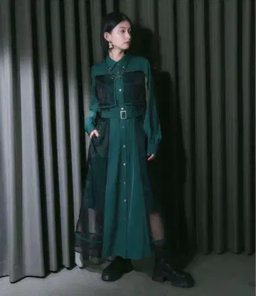 HARE 파이핑 시어 원피스 그린 FREE 사이즈