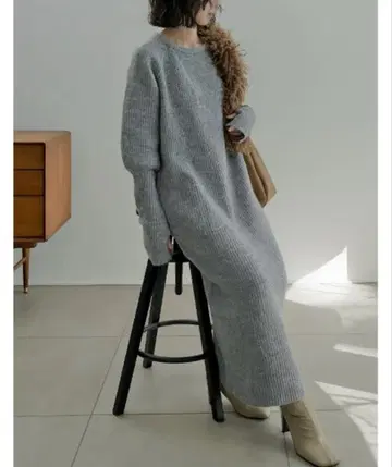 Re:EDIT 손가락 구멍 볼륨 슬리브 하찌 리브 니트 원피스 그레이