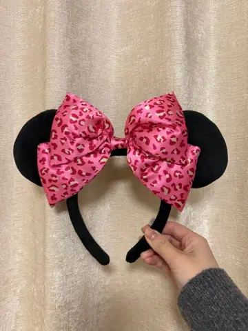 디즈니 머리띠 레오파드 무늬 리본 핑크