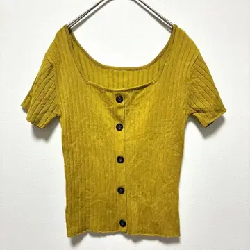 GRL 반팔 가디건 니트 스퀘어넥 봄/가을 옐로우 계열 리브 니트