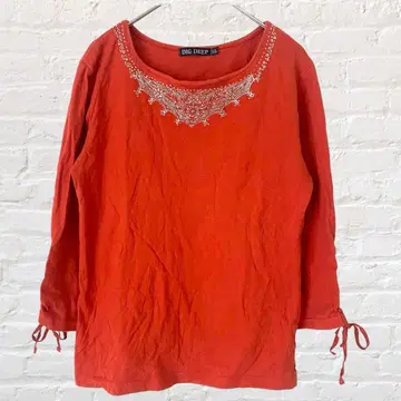 DIG DEEP 티셔츠 소매 개더 리본 비쥬 포함 긴팔 오렌지