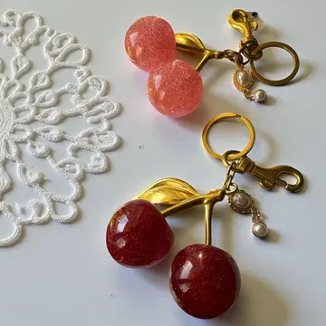 체리 키링 백참 2개 세트 레드 핑크