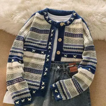 여성용 니트 가디건 배색 디자인 일제 루즈핏 레트로 가을/겨울 신상