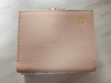 이단 접이식 가마구치 지갑 소가죽 국화_핑크 베이지