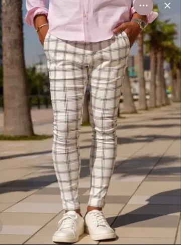 아담스 저글러 화이트 블랙 체크 무늬 스키니 팬츠