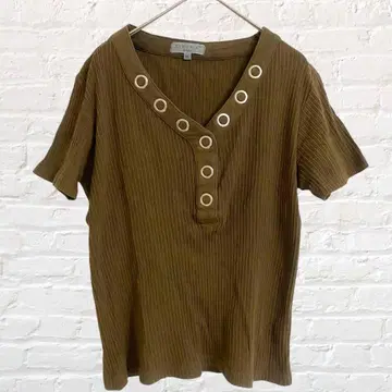 세오리아 반팔 브이넥 티셔츠 리브 면 100 프론트 버튼 캐주얼