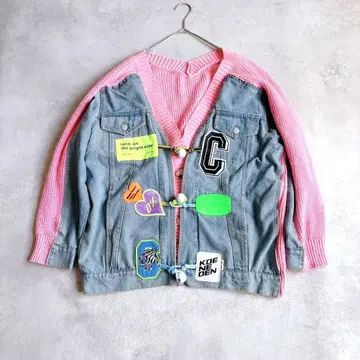 데님 자켓 니트 가디건 W 버튼 데님 절개 니트 도킹