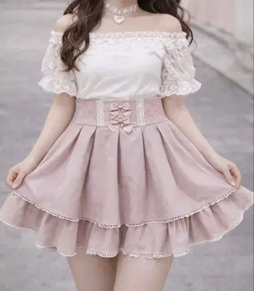 시크릿 허니 벨트 레이스 2단 캉캉 스커트 핑크 양산형 히메 스타일