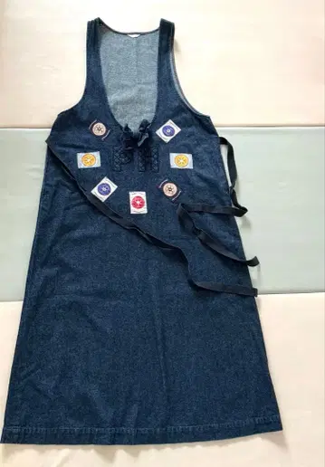 핑크하우스 오버롤 스커트 원피스 데님 와펜 리본