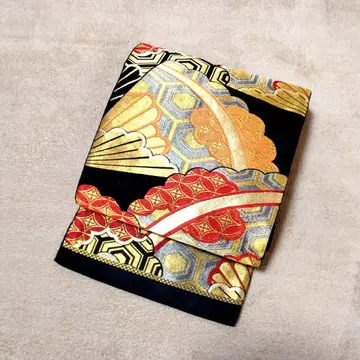 후쿠로 오비 육통 순수 실크 블랙 베이스 부채 거북이 등껍질 패턴