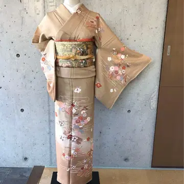 순수 실크 호몬기 매화, 국화, 귤, 단풍에 금박 이중 기모노