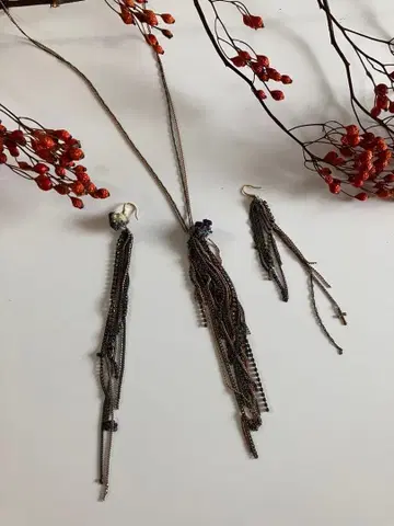 프린지 롱 목걸이 비대칭 귀걸이 세트