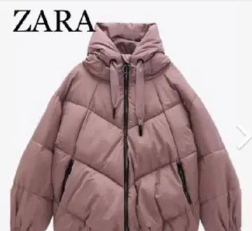 ZARA 핑크 베이지 후드 부착 다운 자켓 M