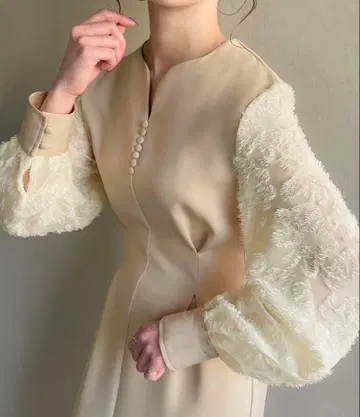 junoa 샤기 슬리브 허리 턱 원피스