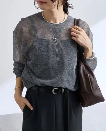 [새상품] 리브 드와 오버 숄더 시어 탑 니트 그레이