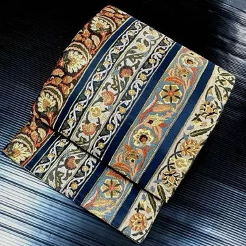 순수 실크 6통 후쿠로 오비 [꽃 세로 줄무늬 자수]