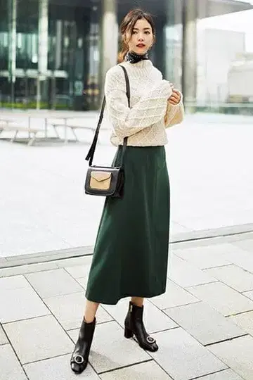 IENA Oggi x IENA 콜라보 플레어 스커트 그린 울 롱