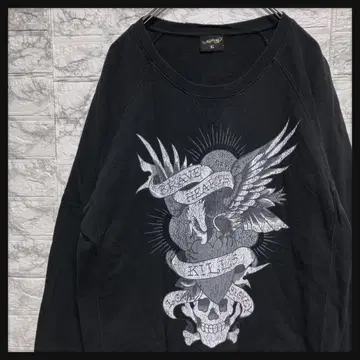 Ed Hardy 맨투맨 데미지 가공 Y2K 블랙 타투풍 아트 워크 면