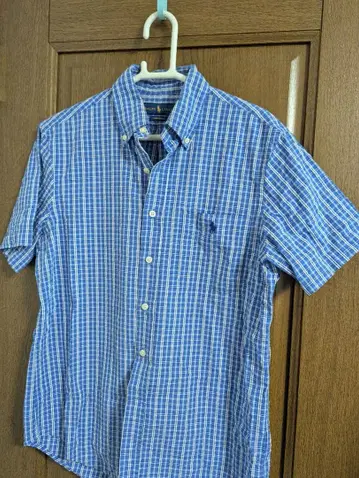 랄프 로렌 시어서커 반팔 셔츠 자수 로고 체크 무늬 M