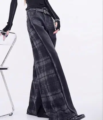 바이컬러 체크 와이드 데님