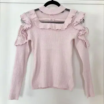 meltie 반짝이는 숄더 프릴 니트 핑크