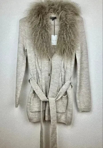 DUAL VIEW 퍼 장식 허리 리본 베이지 가디건 M