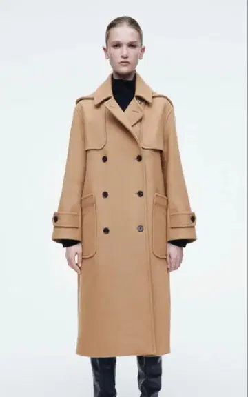 [새상품] COS 후드 부착 울 더플 코트 카멜 사이즈 34