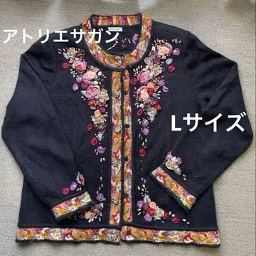 아틀리에 사간 꽃무늬 자수 긴팔 가디건 L 사이즈 블랙 실크 모헤어