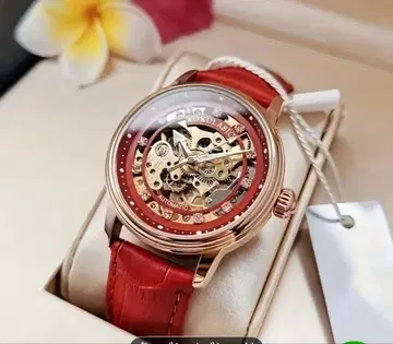 여성용 엘레강트 자동 와인딩 스켈레톤 투르비옹풍 손목시계 빨간색