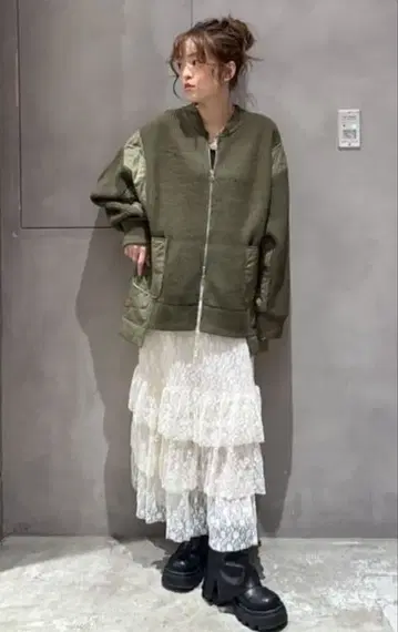 로데오 크라운 퀼트 도킹 니트 블루종 겉옷 카키