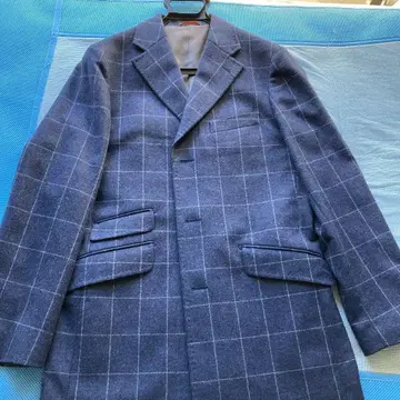 COMME CA MEN 체스터 코트 네이비 체크 무늬