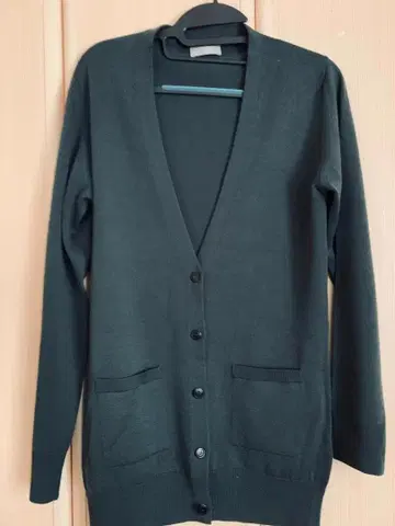 그린 울 100% 니트 가디건 V넥 포켓 부착