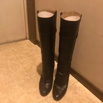 블랙 가죽 중간 힐 롱 부츠