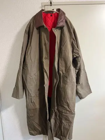 빈티지 롱 코트 퀼팅 안감 가죽 옷깃 카키 브라운 방한