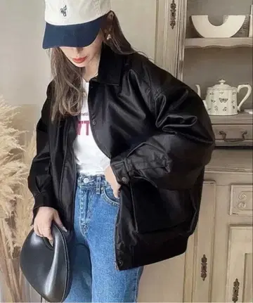 Java 콜라보 인조 가죽 블루종 자켓 M 사이즈 블랙