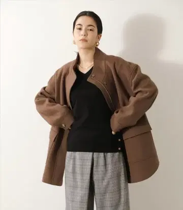 스탠드 카라 멜톤 코트 브라운