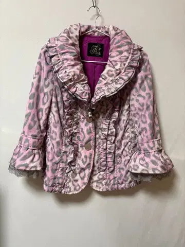 핑크 레오파드 무늬 프릴 코트 소매 레이스 히메 스타일 패딩 자켓 코트