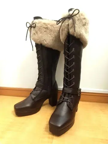 시마무라 x 쿠루미 브라운 퍼 레이스업 롱 부츠 L