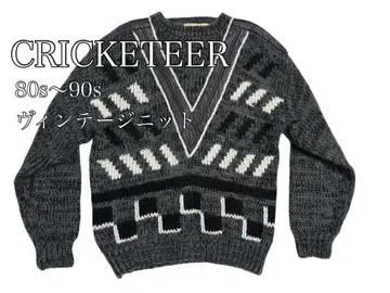 CRICKETEER 80s~90s 빈티지 니트 가죽 V 디자인 천연 가죽