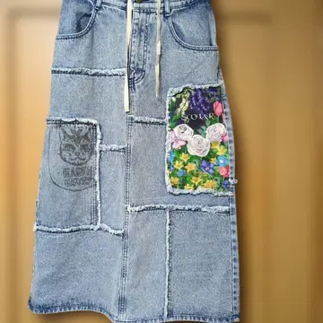 스칼라 꽃 고양이 데님 스커트