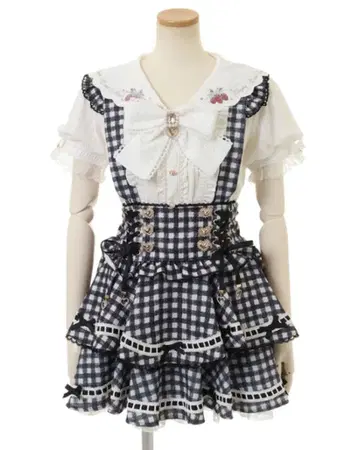 LIZLISA 사다리 리본 깅엄 티어드 치마바지 블랙 검정