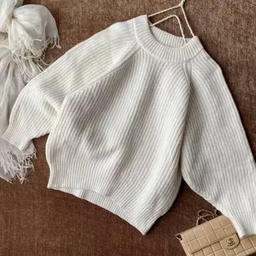 슬로브 이에나* 울 큼직한 루즈핏 소매 크루넥 리브 니트