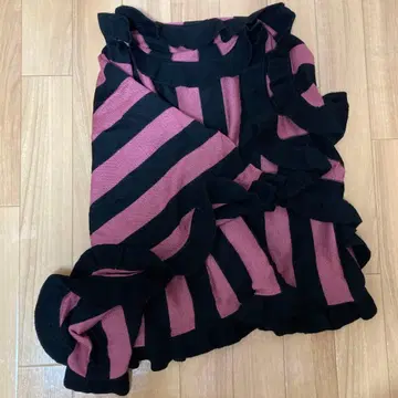 쇼와 레트로 대형 스트라이프 프릴 스톨 핑크 블랙