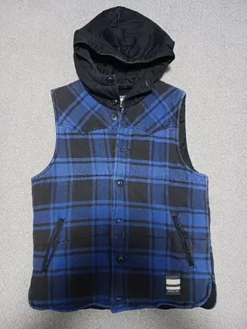 모모타로 청바지 후드 부착 베스트 충전솜 베스트 체크 무늬